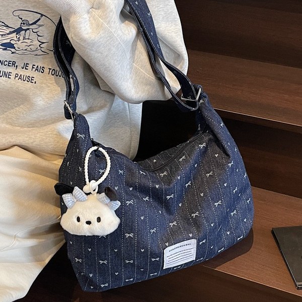 Fresh and sweet denim bow vest bag, versatile large-capacity single-shoulder bag, hand-held shopping bag, single-shoulder bag full figure