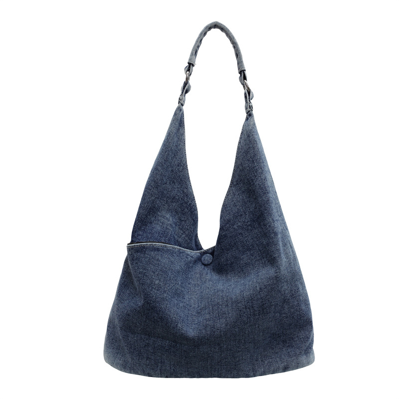 Japanese-style casual denim bag, large-capacity commuter single-shoulder bag for women, simple solid-color hand-held tote bag, underarm bag Item Picture