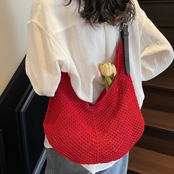 Women's casual large-capacity single-shoulder woven bag, new Spring/Summer 2025 hollowed-out tote bag, beach vacation bag for women full figure