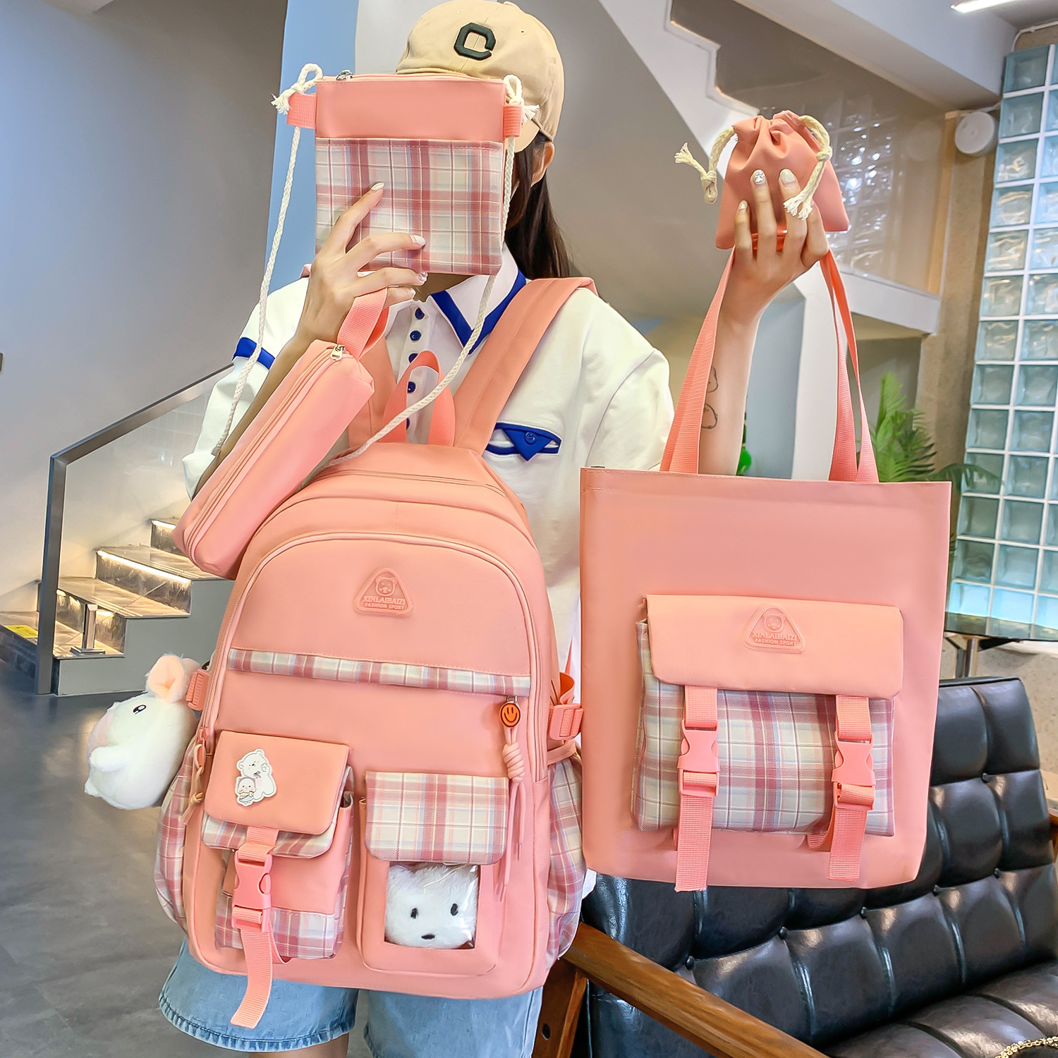 A five-piece schoolbag set with a girlish and fresh vibe for middle school students, a fashionable checked large-capacity backpack, and a handbag for girls' after-school tutoring details Picture