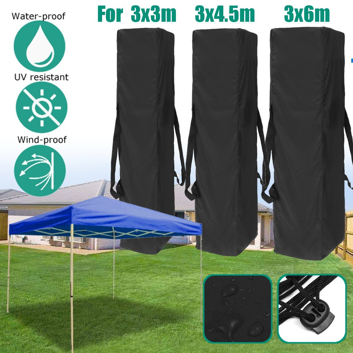 The bottom opening of the 210D black canopy tent storage bag is equipped with two hand straps full figure