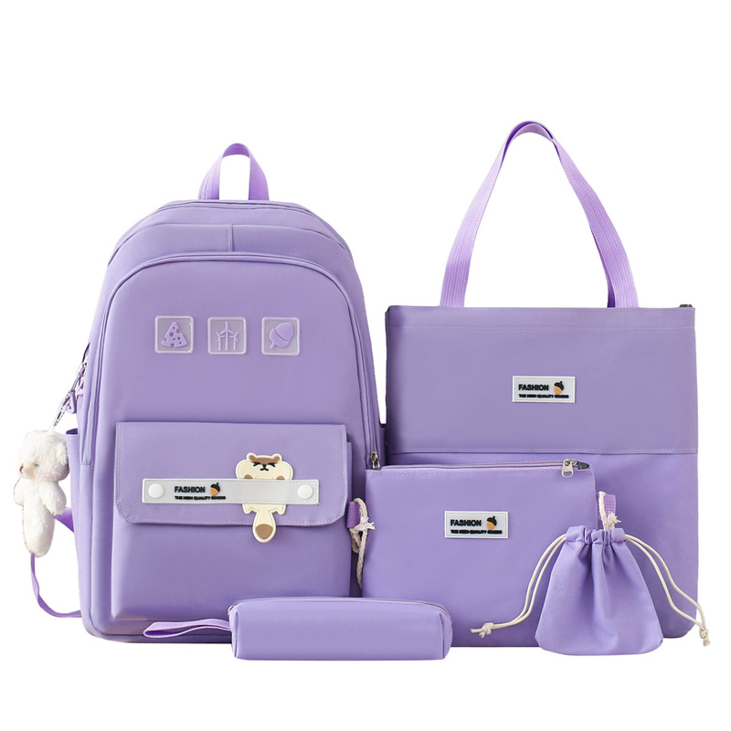 Cross-border spot wholesale of simple and versatile solid-color student schoolbags, large-capacity casual backpacks for women, five-piece sets of backpacks Item Picture