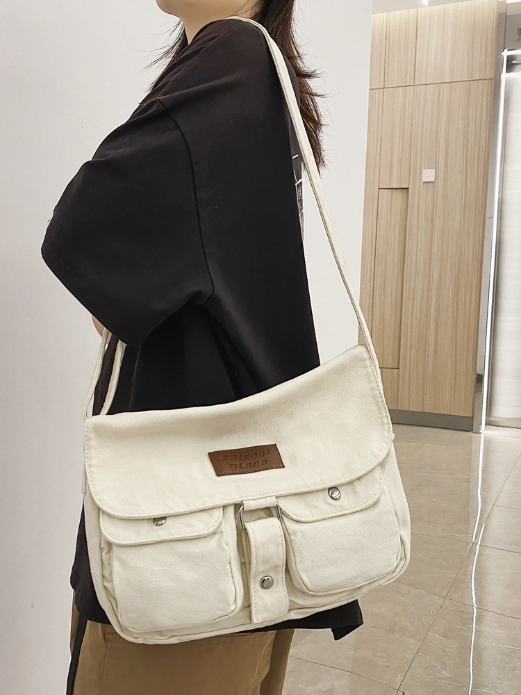 Japanese-style retro canvas crossbody bag, women's trendy brand large-capacity single-shoulder bag, college students' casual workwear style messenger bag details Picture
