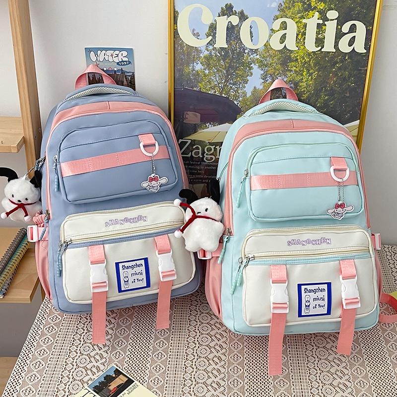 New cross-border large-capacity backpack for primary school students, casual and fashionable color-block backpack, Korean version for female high school and junior high school students details Picture