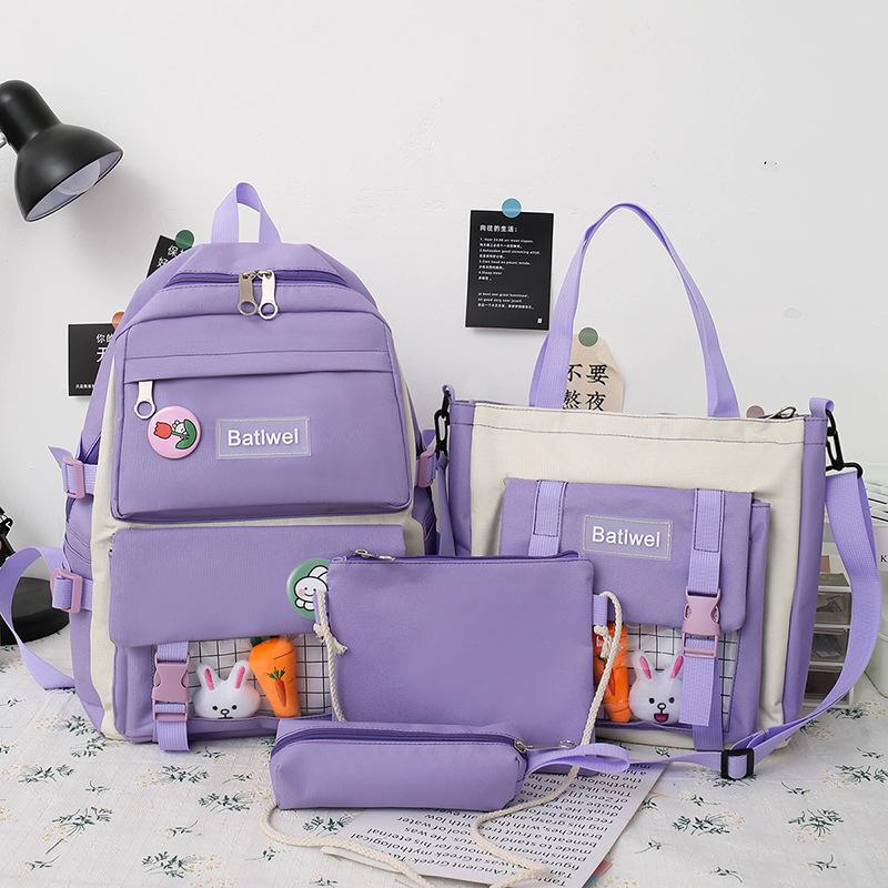 New Korean-style, fresh and color-blocking canvas backpack set for girls in stock, designed for middle school girls Application Scenario