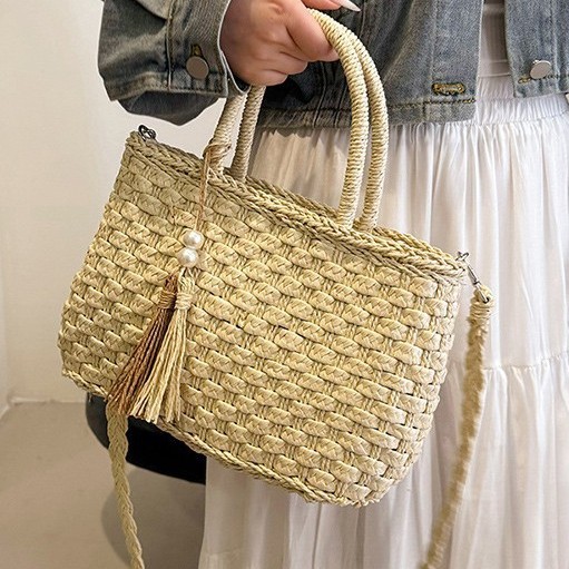 New summer straw woven bag with ethnic style, casual fringed and hollowed-out hand-held bag for women Specification drawing