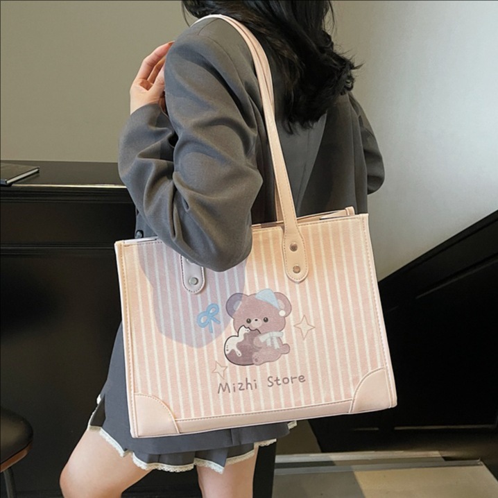 Fashionable and trendy cartoon pattern hand-held underarm bag for women 2025 new style fabric striped versatile large-capacity single-shoulder bag full figure