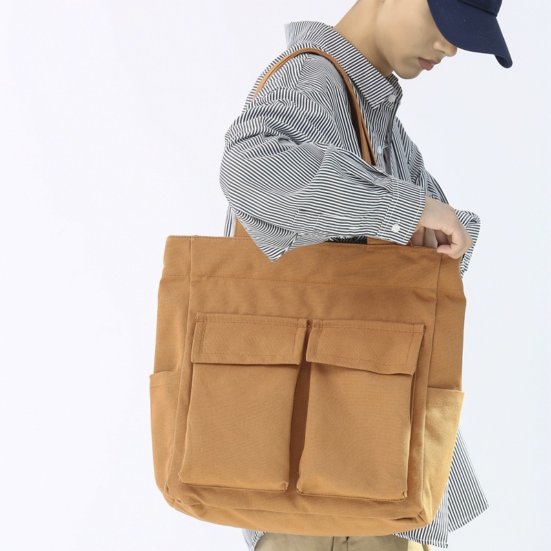Japanese-style canvas bags for men and women, large-capacity retro hand-held shoulder bags, college student class bags, simple tote bags for women details Picture