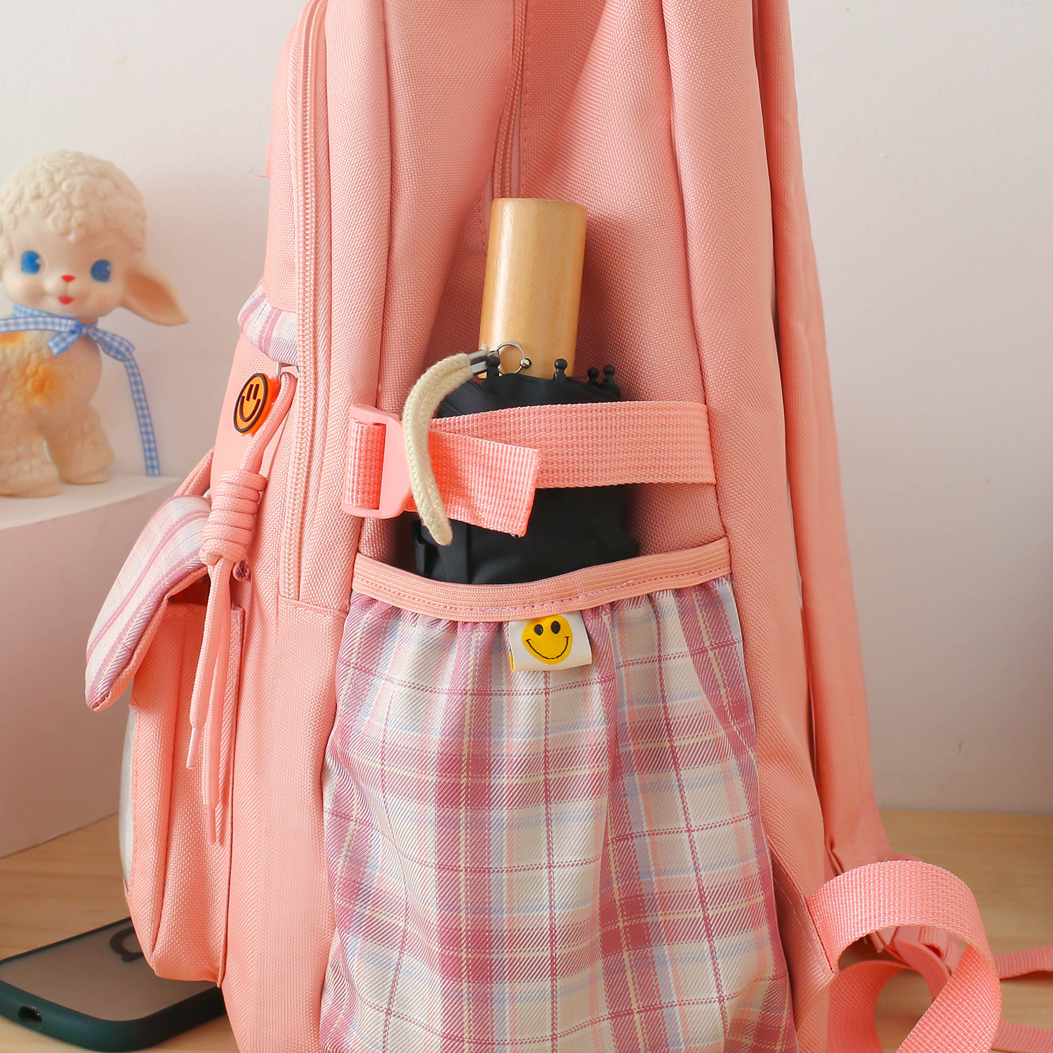A five-piece schoolbag set with a girlish and fresh vibe for middle school students, a fashionable checked large-capacity backpack, and a handbag for girls' after-school tutoring Application Scenario