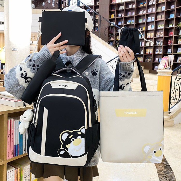 New five-piece schoolbag set: A printed bear for female high school students to make them look younger, and a color-blocking backpack for junior high school students details Picture