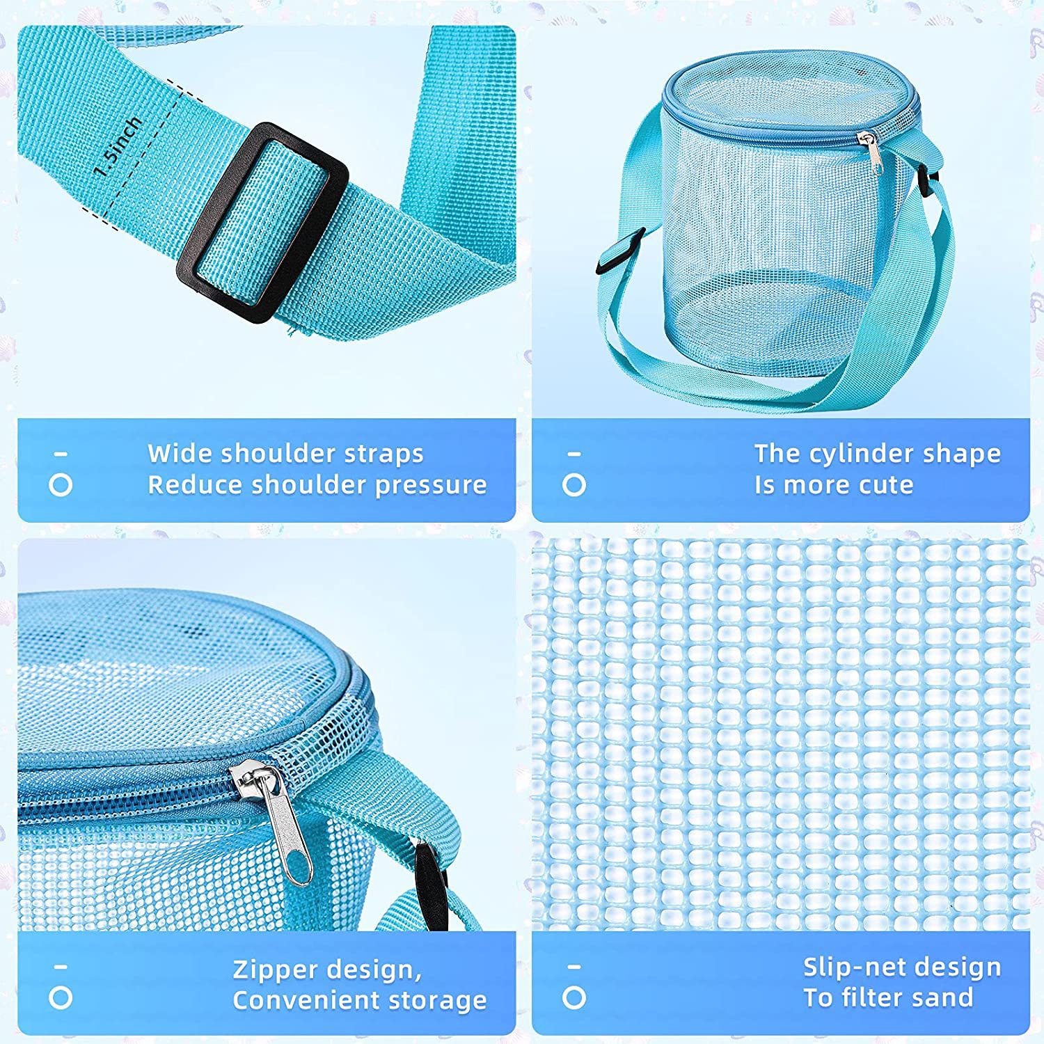 Amazon's new children's mesh shell storage bag, beach three-dimensional round sand-digging bucket toy organization and collection bag Specification drawing