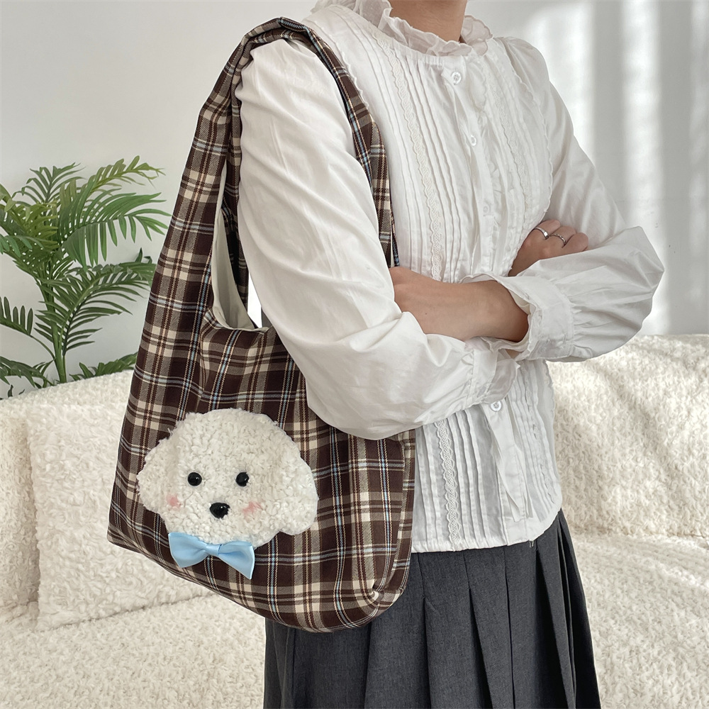 411182 Autumn and Winter new Korean-style embroidered puppy cute checkered single-shoulder bag Casual student class handbag Specification drawing