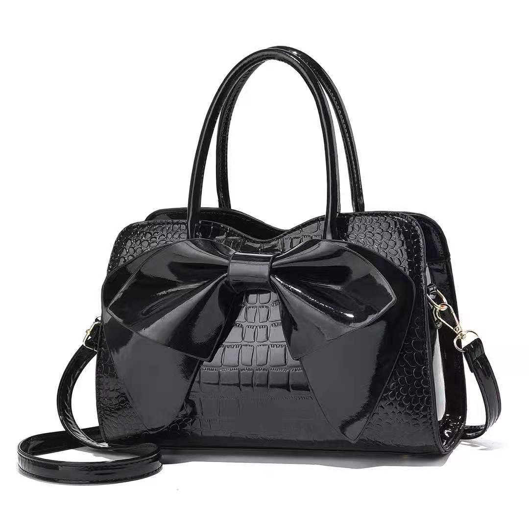 Cross-border foreign trade hand-held large bag 2022 New style fashionable crocodile pattern bow bucket bag patent leather shiny crossbody bag full figure
