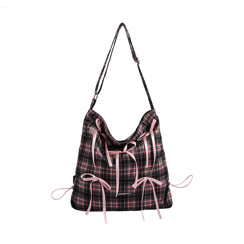 Bow sweet and niche single-shoulder bag, Korean-style ins checkered large-capacity canvas bag, artistic girl tote bag Item Picture
