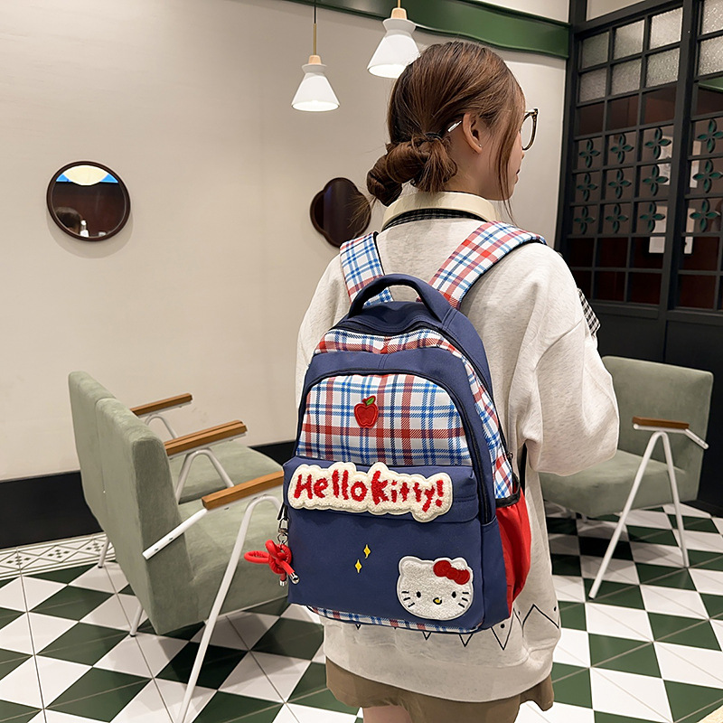 American retro checkered backpack, niche and cute cartoon KT cat backpack, large-capacity student schoolbag, casual backpack details Picture