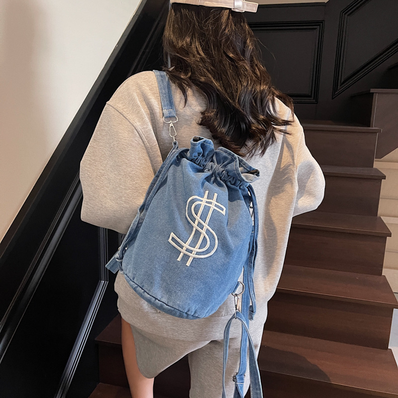 Cool denim backpack for women 2025 New style, fashionable and multi-functional bucket bag, spring and summer versatile drawstring crossbody bag full figure