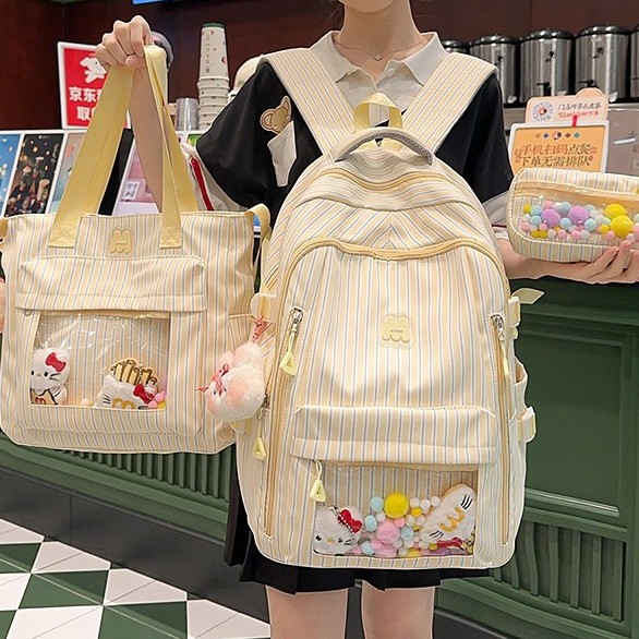 A new high-appearance-level, fresh and sweet striped transparent pain-relieving bag, a lightweight and large-capacity backpack for junior and senior high school students details Picture