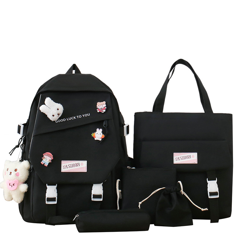 A fresh and fashionable color-blocking schoolbag for girls, a backpack for primary and junior high school students, a five-piece campus set of canvas casual backpack Item Picture