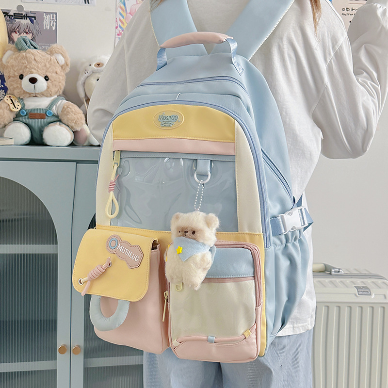 A new high-appearance-level Japanese-style ins fresh and sweet backpack with color-blocking and patchwork for junior and senior high school students details Picture