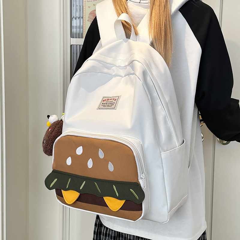 2025 New design sense niche backpack, cute hamburger, large capacity campus schoolbag, casual travel backpack full figure