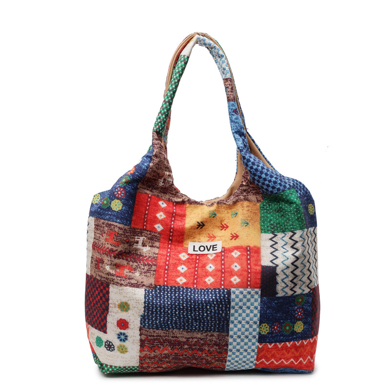 Retro ethnic style color-blocking large-capacity casual versatile single-shoulder bag, seaside vacation crossbody bag, casual canvas bag Item Picture