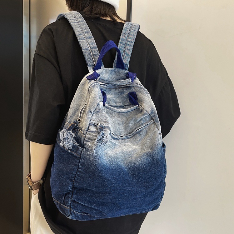 Gradient denim schoolbag for women, Korean style, niche design, retro large-capacity backpack, casual and versatile backpack for men full figure
