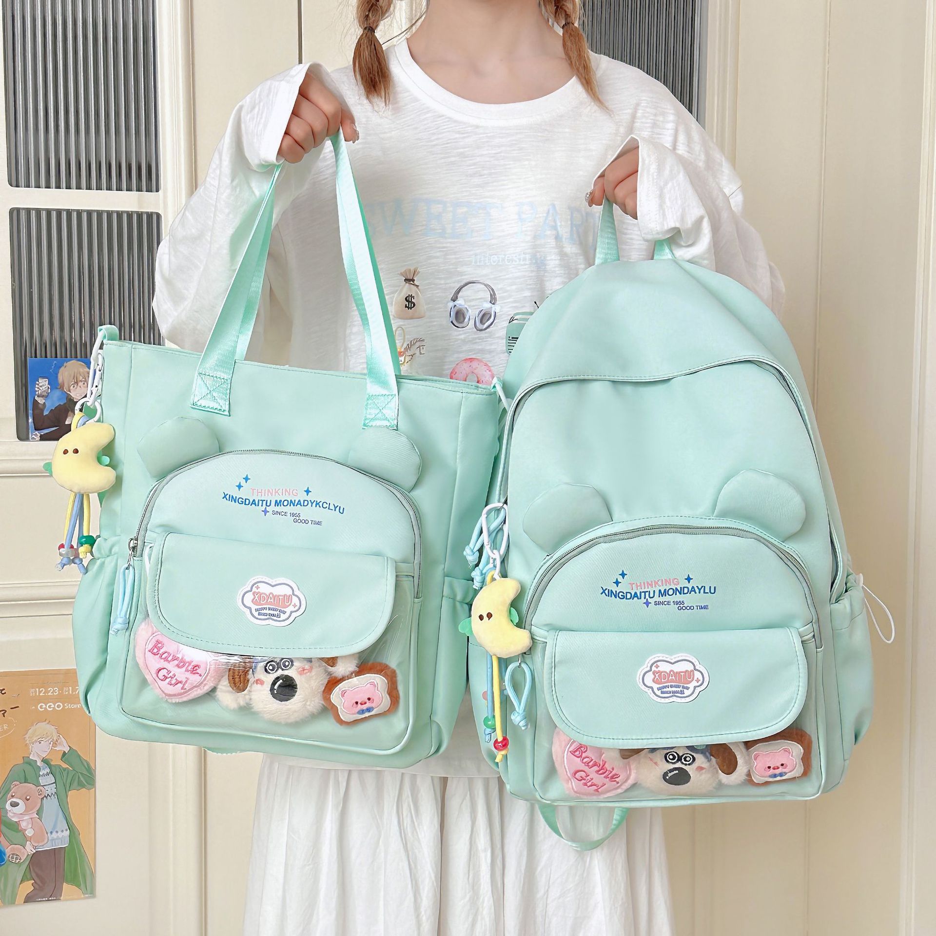A new high-appearance-level Japanese Instagram-style, artistic, fresh and sweet, candy-colored transparent smappy pain bag for women's lightweight two-piece set details Picture