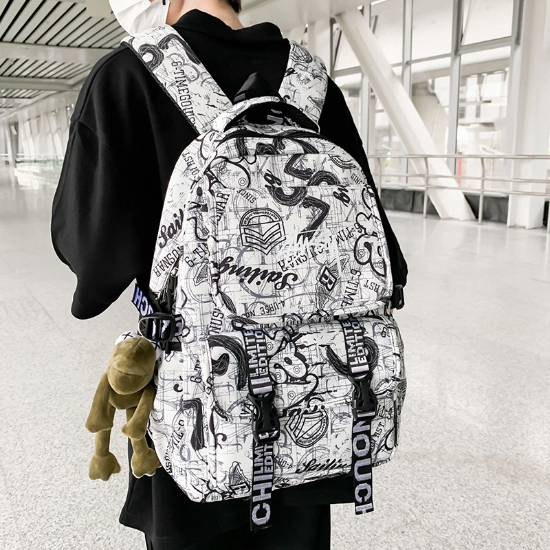 Male college student schoolbag, large-capacity trendy brand, Hong Kong-style couple's trendy backpack, Japanese-style personalized graffiti travel bag details Picture