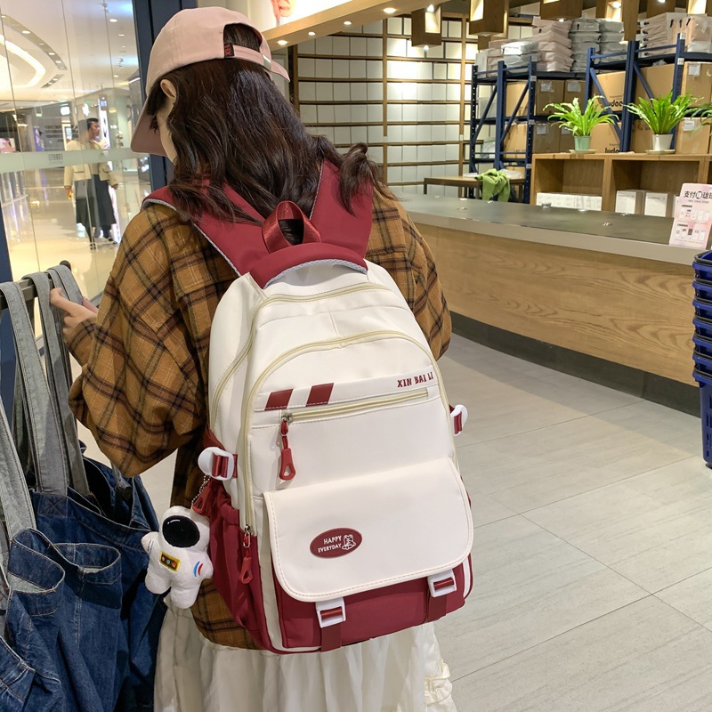New junior high school student schoolbag in solid color with a college style, large-capacity backpack, high school student backpack for girls details Picture