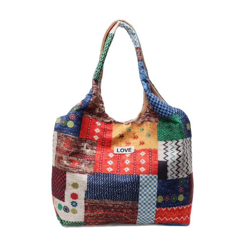 A new high-appeal ethnic-style tote bag for women, featuring a color-blocking design, is lightweight and portable, fashionable and versatile for commuting Item Picture