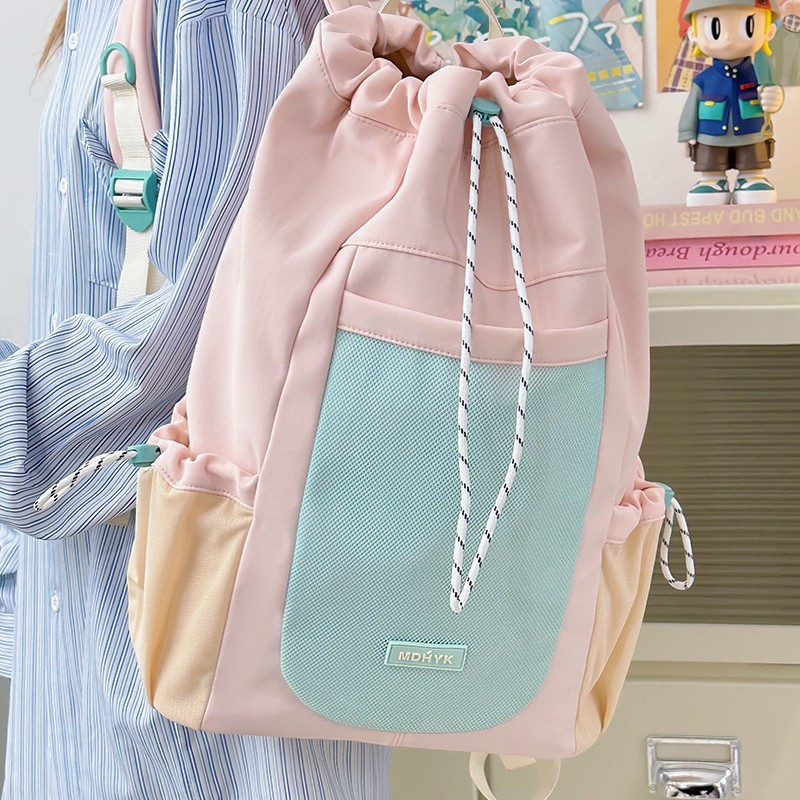 Korean-style color-blocking drawstring canvas drawstring bags, travel bags, outdoor cycling sports backpacks, schoolbags for female students, backpacks full figure