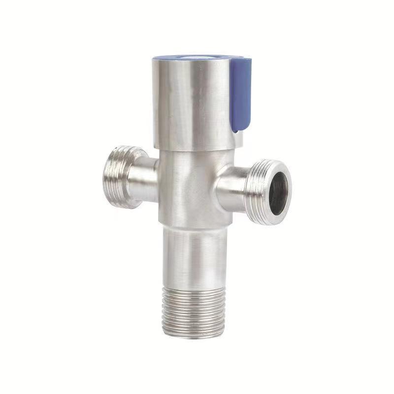 Wholesale of stainless steel Angle valves for 4-inch cold and hot water toilets, water heaters, and large-flow Angle valves with one in, two out, and four out Specification drawing