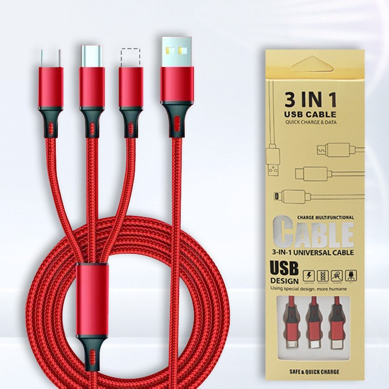 Nylon braided one drag three data cable three-in-one mobile phone charging cable with fast charging 3a, suitable for Apple and Android type full figure