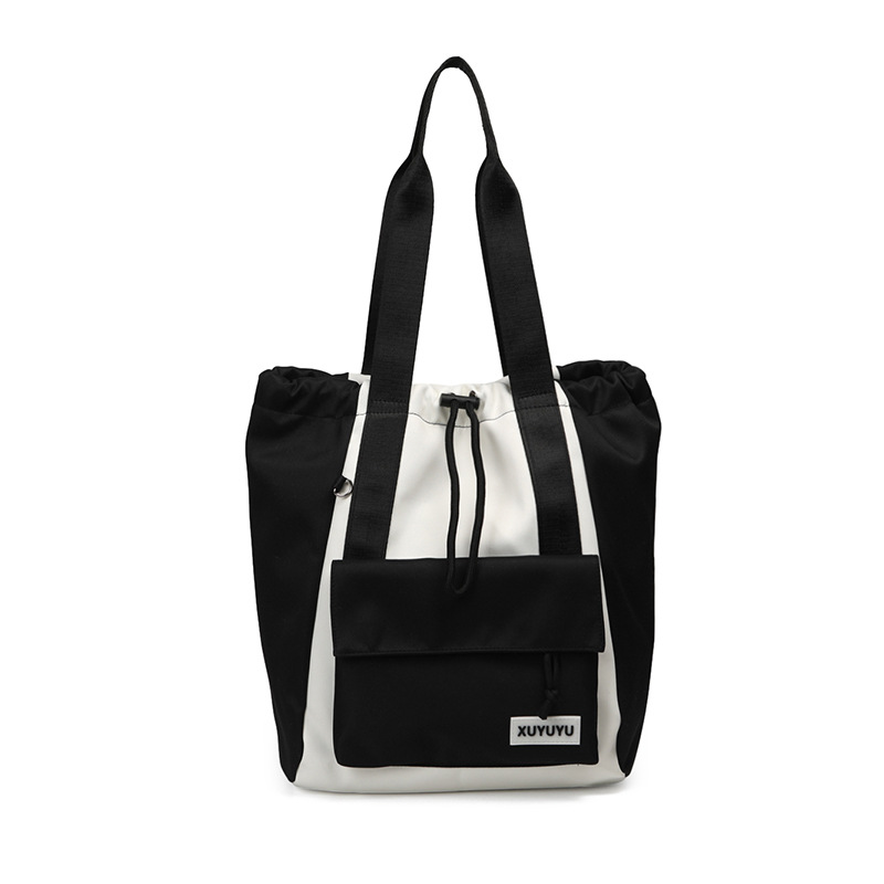 Japanese-style color-blocking large-capacity commuting and after-school bag, casual and versatile single-shoulder bag, simple campus drawstring drawstring shoulder bag Item Picture