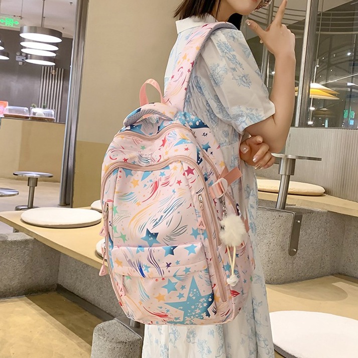 The 2024 new style of fresh and sweet printed backpack features a high level of appearance and is an ins girl's large-capacity schoolbag for primary and secondary school students full figure