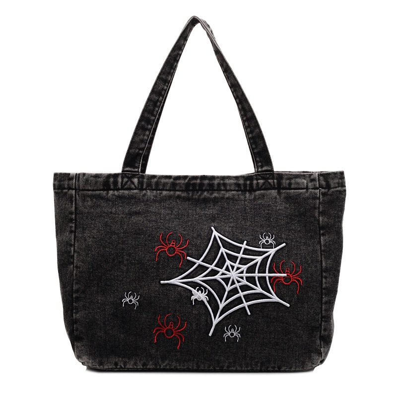 A niche and stylish embroidered denim backpack, a large-capacity versatile tote bag for commuting, and a retro casual student handbag Item Picture