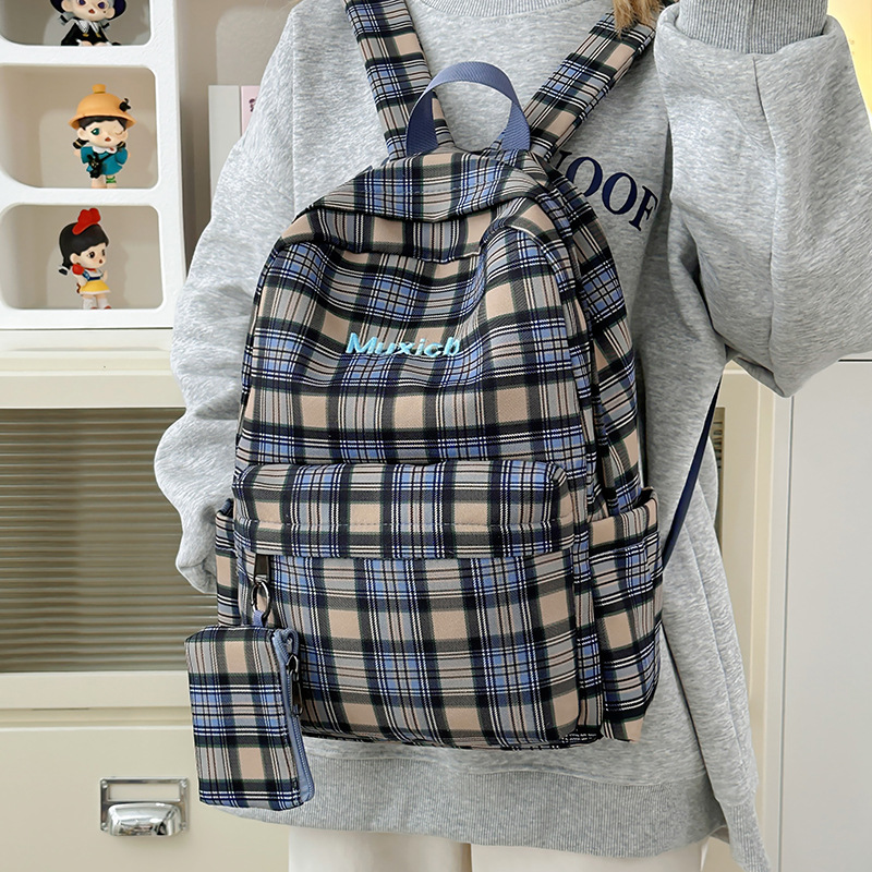 New retro college student Korean-style checkered schoolbag, versatile ins Japanese backpack, large-capacity dopamine backpack details Picture