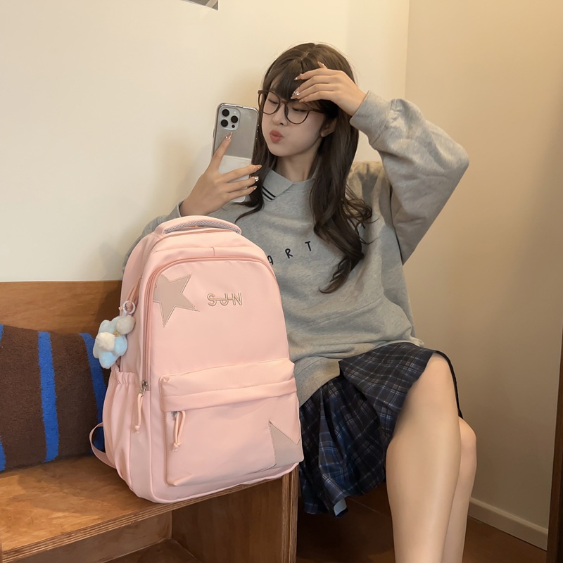 Japanese-style ins sweet campus solid-color backpacks for girls, cute and high appearance level, letter embroidery backpacks for primary and secondary school students details Picture