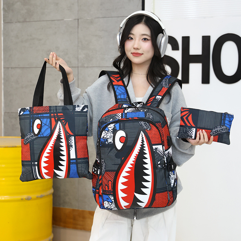 Cute shark set schoolbag, trendy new style, personalized and creative men's and women's backpack, three-piece backpack set for junior high school campus Application Scenario