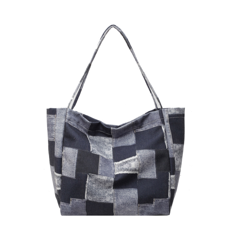 A large-capacity women's 2024 new fashion denim checkered laid-back style single-shoulder commuter tote bag Item Picture