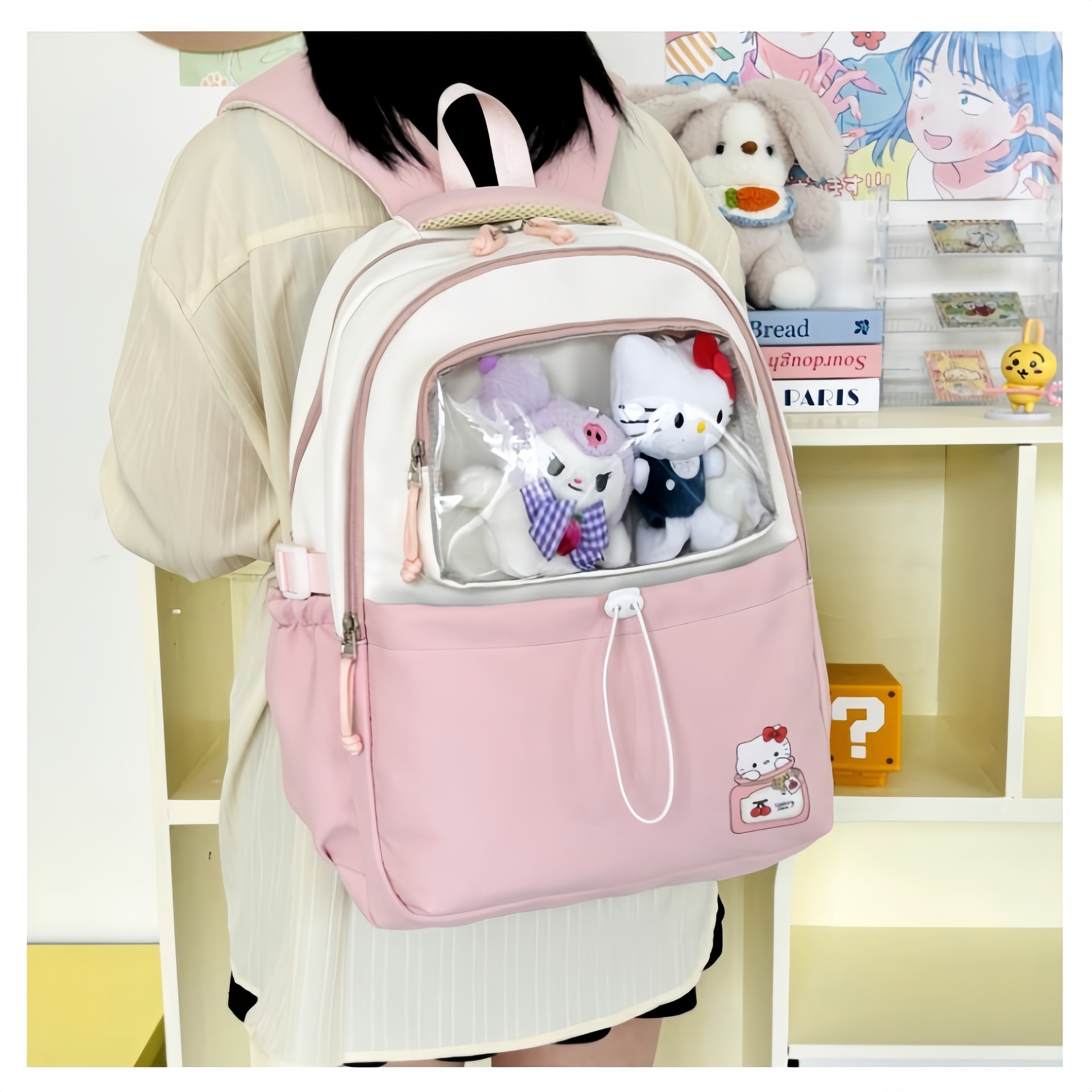 This is a high-standard, fresh and cute, color-blocking and patchwork bag for junior and senior high school students. It is a large-capacity backpack details Picture