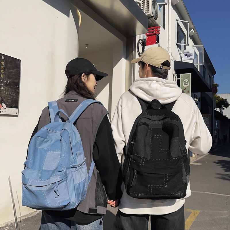 New schoolbag color contrast Hong Kong feng shui wash denim backpack, trendy couple style casual travel lightweight backpack full figure
