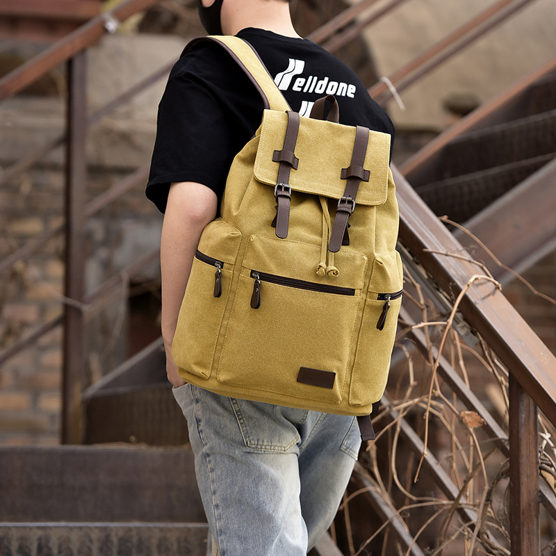 Retro men's canvas backpack, travel bag, casual backpack, large-capacity new college student schoolbag full figure