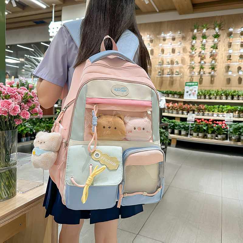New high-appearance-level college style fresh and sweet backpack for junior and senior high school students, color-blocking and patchwork smug pain bag backpack details Picture