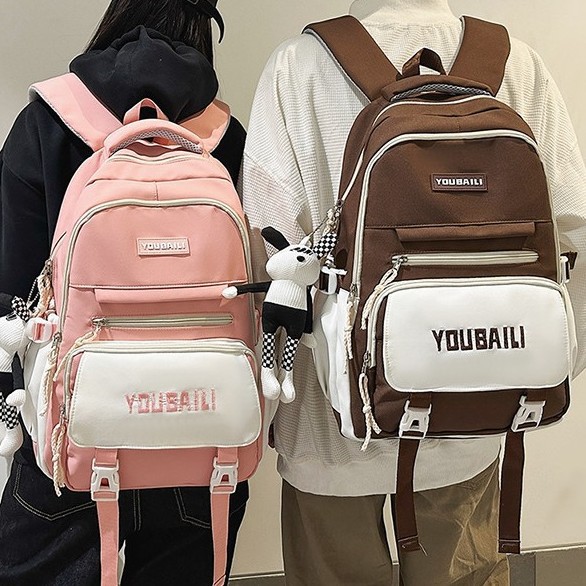 A new high-appearancy-level macaron color color-blocking backpack from Korean Instagram, a large-capacity backpack for junior and senior high school students details Picture