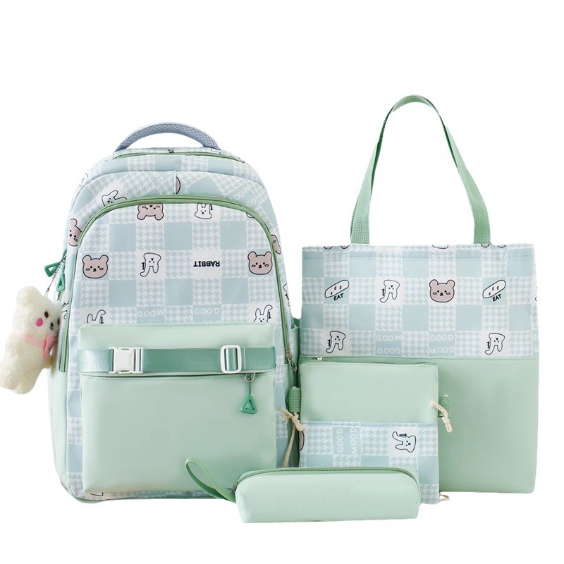 New, fresh and cute checkered backpack, cartoon bear, fashionable color-blocked girls' backpack, junior high school students' schoolbag Item Picture