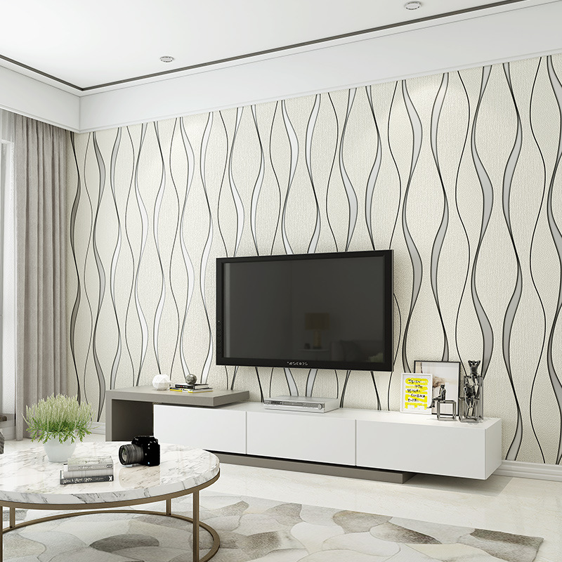 Modern and simple 3D silver-gray striped non-woven fabric wallpaper for living room, TV background and bedroom Application Scenario