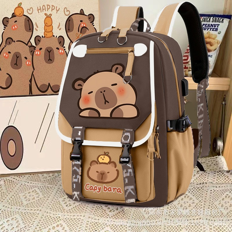 New Capibara backpacks for primary school students, lightweight cartoon capybaras for boys and girls, large-capacity back-protecting children's backpacks full figure