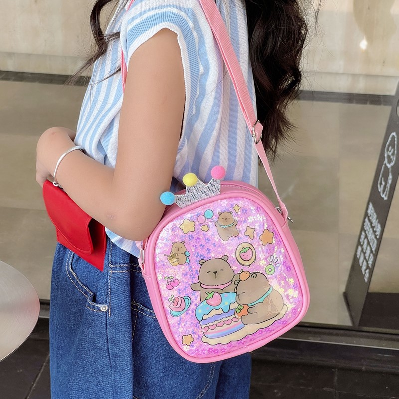 Summer new girls' travel crossbody bag, mini change single-shoulder bag, girls' cartoon capybara lightweight sequined backpack full figure