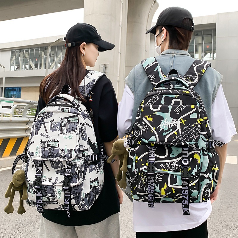 Male college student schoolbag, large-capacity trendy brand, Hong Kong-style couple's trendy backpack, Japanese-style personalized graffiti travel bag full figure